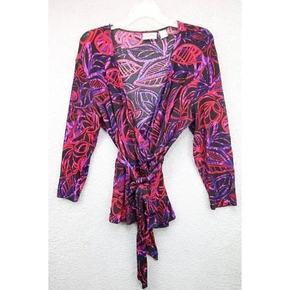 Chico's Travelers Tropic Jewel Roland Wrap Top-Size 2-Belted - Picture 1 of 8